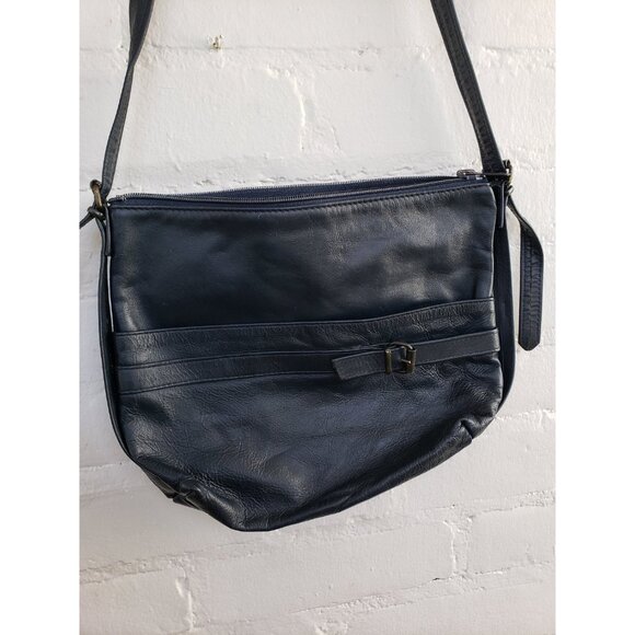 Dark Blue Leather Shoulder Bag with front Buckle and Pouch Vintage Leather Purse - Picture 7 of 10